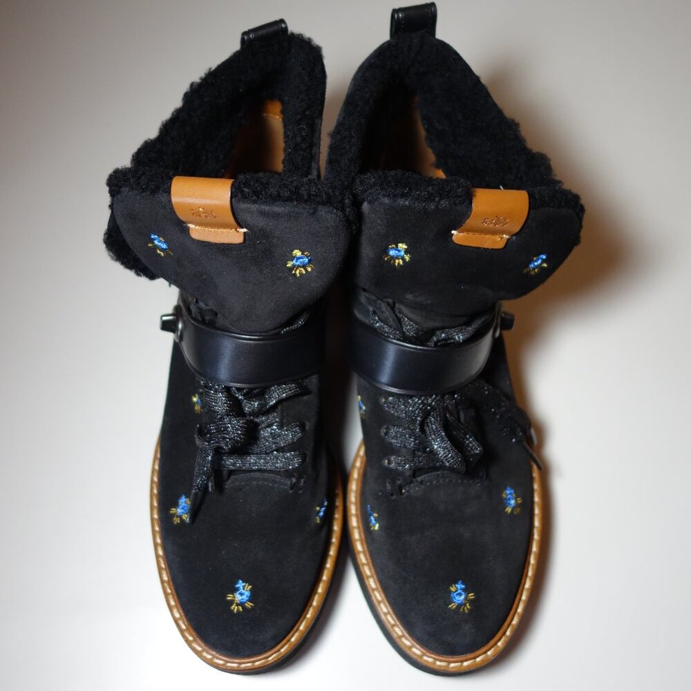 Coach Black Prairie Suede Embroidered Flower Urban Hiker Boots, Size 9B